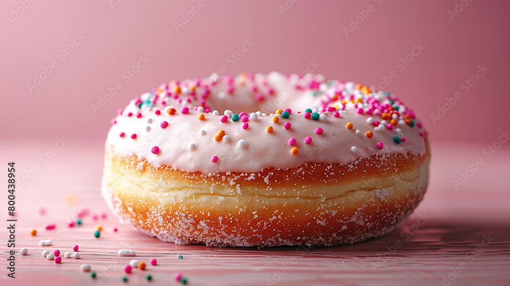 It is a delicious donut with pink, orange, yellow, and blue sprinkles against a plain background. Food photography