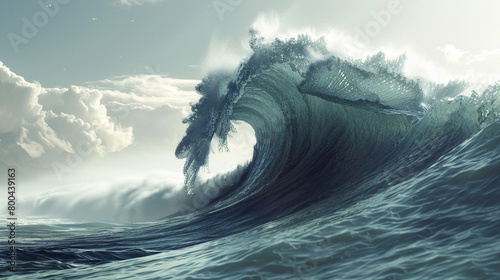 A monumental and awe-inspiring wave, towering with strength against a pure white canvas. photo