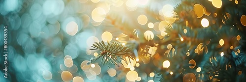 a pine tree with a blurry background of lights in the background and a pine cone on the branch