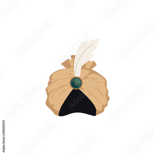 Vector turban with brooch and feather on isolated background.