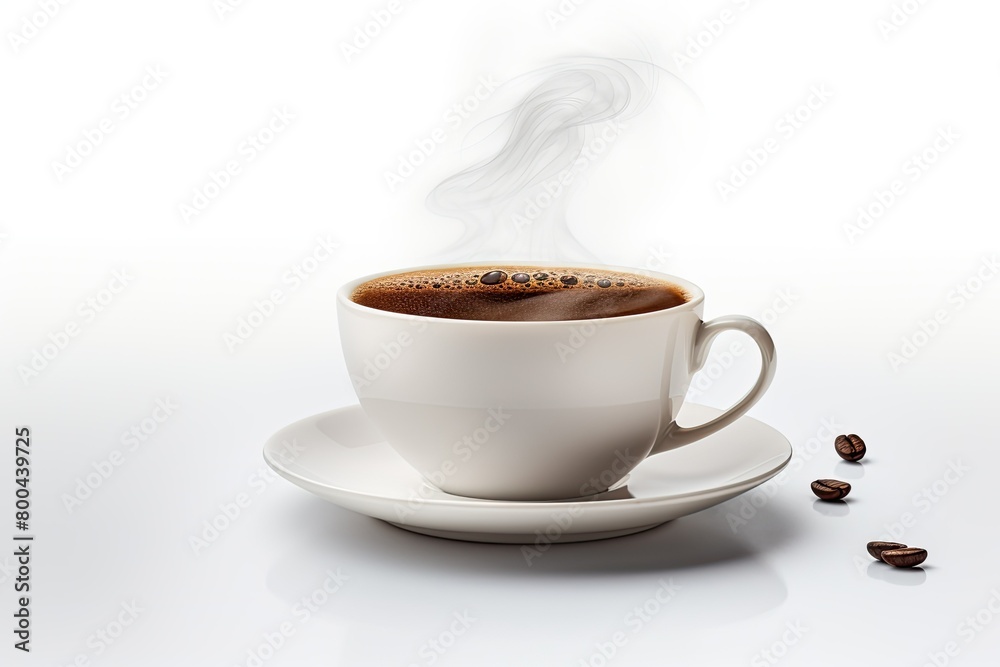Fototapeta premium steaming coffee cup with beans on white background