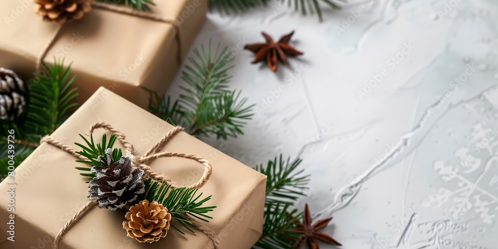 a couple of wrapped presents sitting on top of a table next to pine cones a couple of wrapped presents sitting on top of a table next to pine cones
