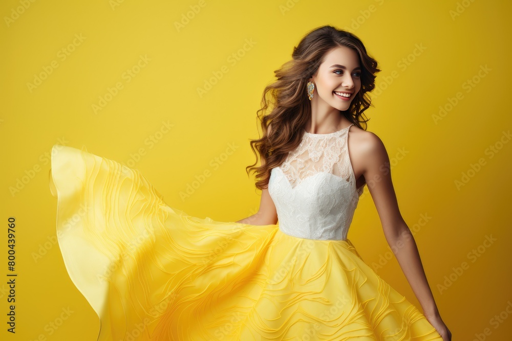 elegant woman in flowing yellow dress and earrings elegant woman in flowing yellow dress and earrings