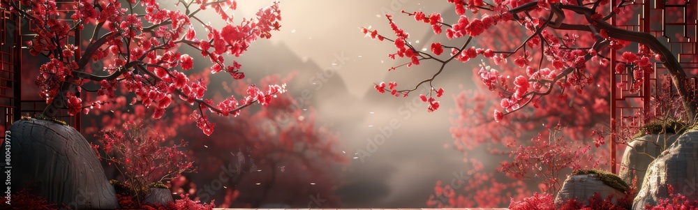 oriental mountain forest landscape banner with whimsical floral scenes oriental mountain forest landscape banner with whimsical floral scenes