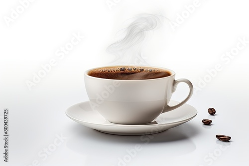 steaming coffee cup with beans on white background