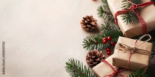 a group of wrapped presents sitting next to pine cones on a table