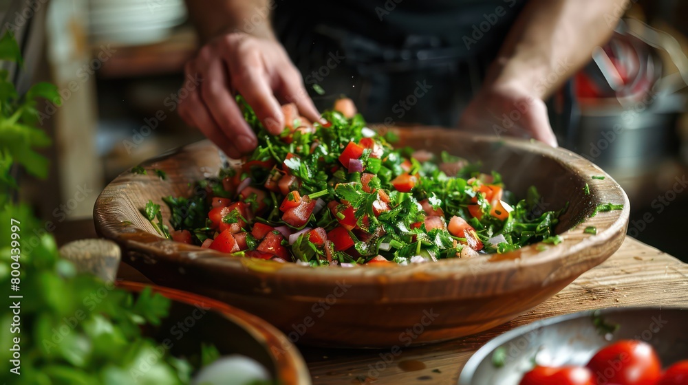 person preparing a delicious green salad on a wooden plate person preparing a delicious green salad on a wooden plate