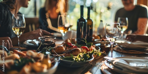a table with a plate of food and wine glasses on it with people sitting around it and eating food photo