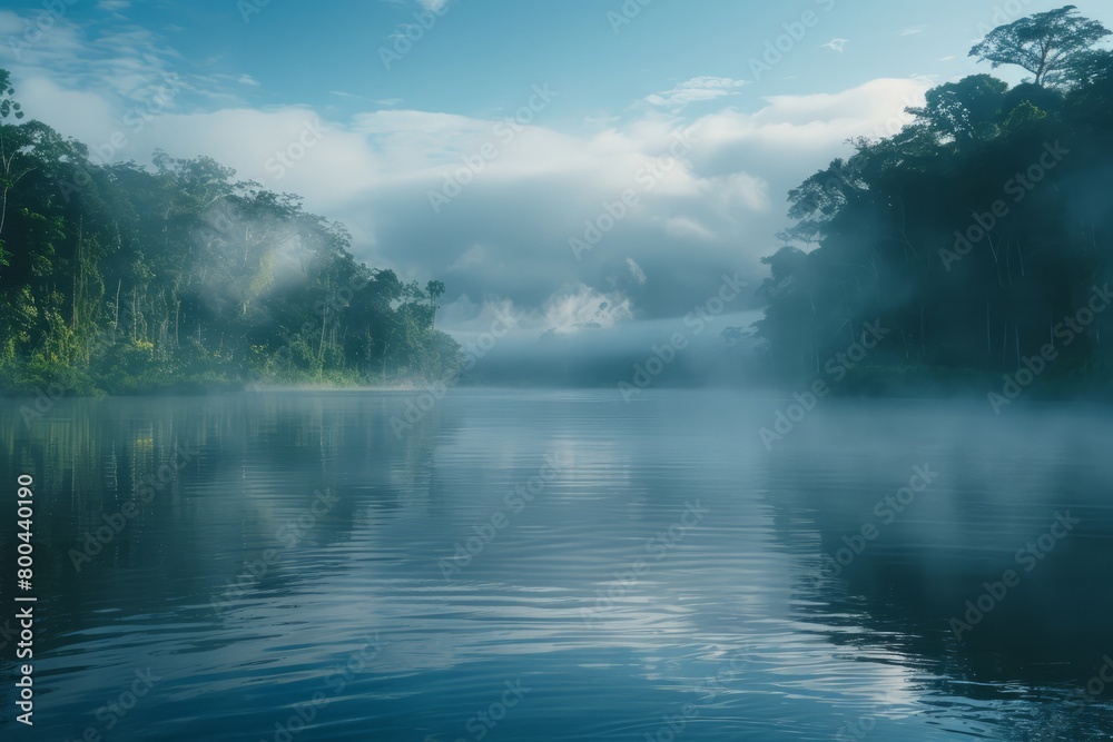 The water is calm and still, with a misty fog hovering over the trees. The scene is serene and peaceful, with the fog adding a sense of mystery and tranquility to the landscape