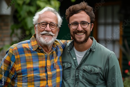 Adult son with his elderly father smiling at the camera