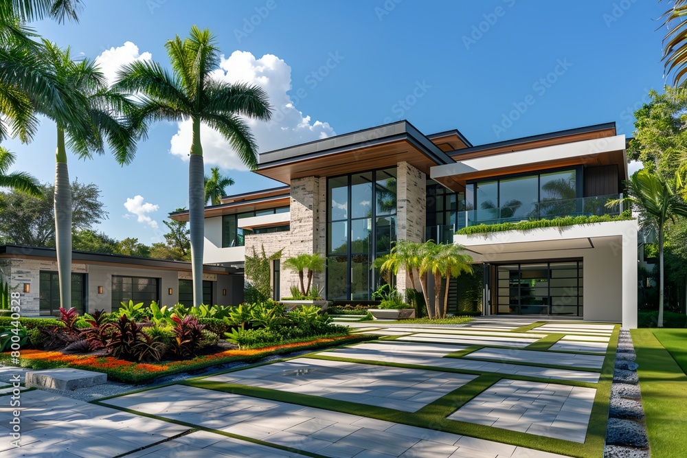 a modern house with a large garden and palm trees in front of it and a walkway leading to the front door a modern house with a large garden and palm trees in front of it and a walkway leading to the front door