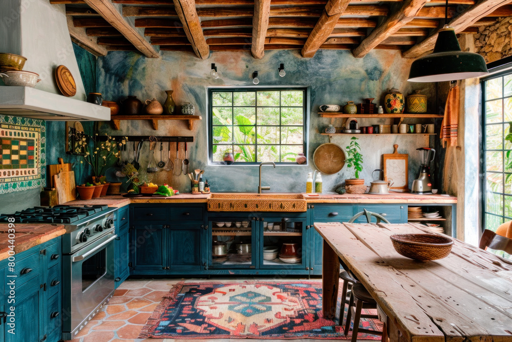 Blue wooden kitchen in country style, boho indoors with wooden beams on the ceiling, ethnic carpet and various utensils