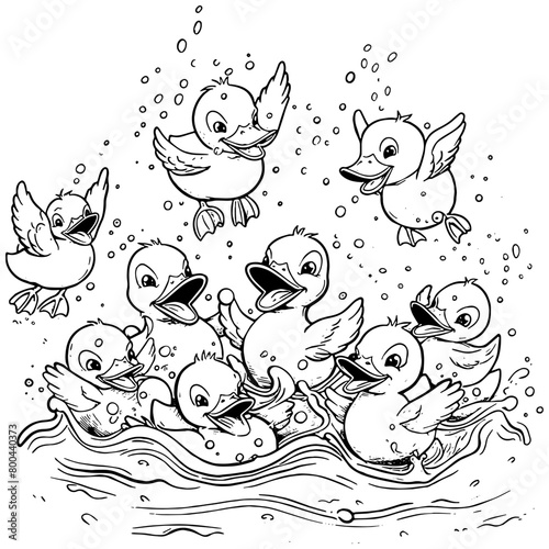 Cute cartoon ducklings splashing in water 