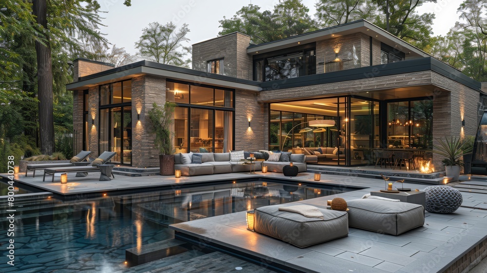 A garden party unfolds at a modern summer retreat with refreshing furnishings, indirect lighting, and minimalist icy decor. A garden party unfolds at a modern summer retreat with refreshing furnishings, indirect lighting, and minimalist icy decor.