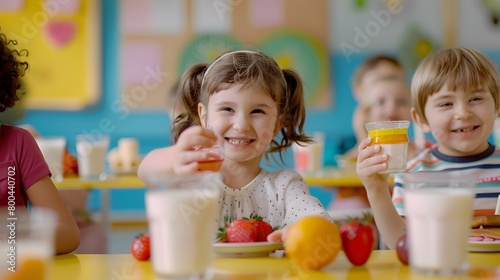 Joyful kids toasting with juice at a colorful classroom party