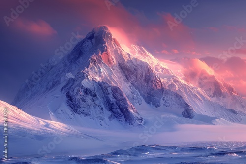 A mountain range covered in snow with a pink sky in the background