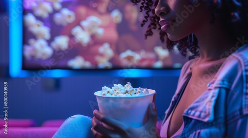 Woman Enjoying Movie Night at Home photo