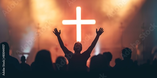 a person raising their hands in front of a cross on a stage with lights in the background and smoke coming from the back photo