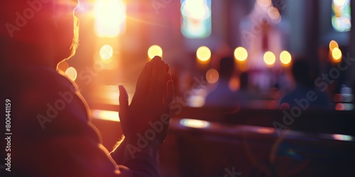 a person sitting in a church with their hands clasped in front of the alter, with the lights of the church in the background