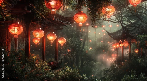 beautiful red lanterns hanging and set on a dreamy scenario