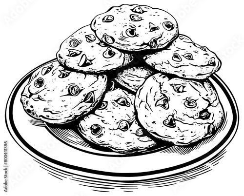 Illustration of a plate of chocolate chip cookies, isolated 
