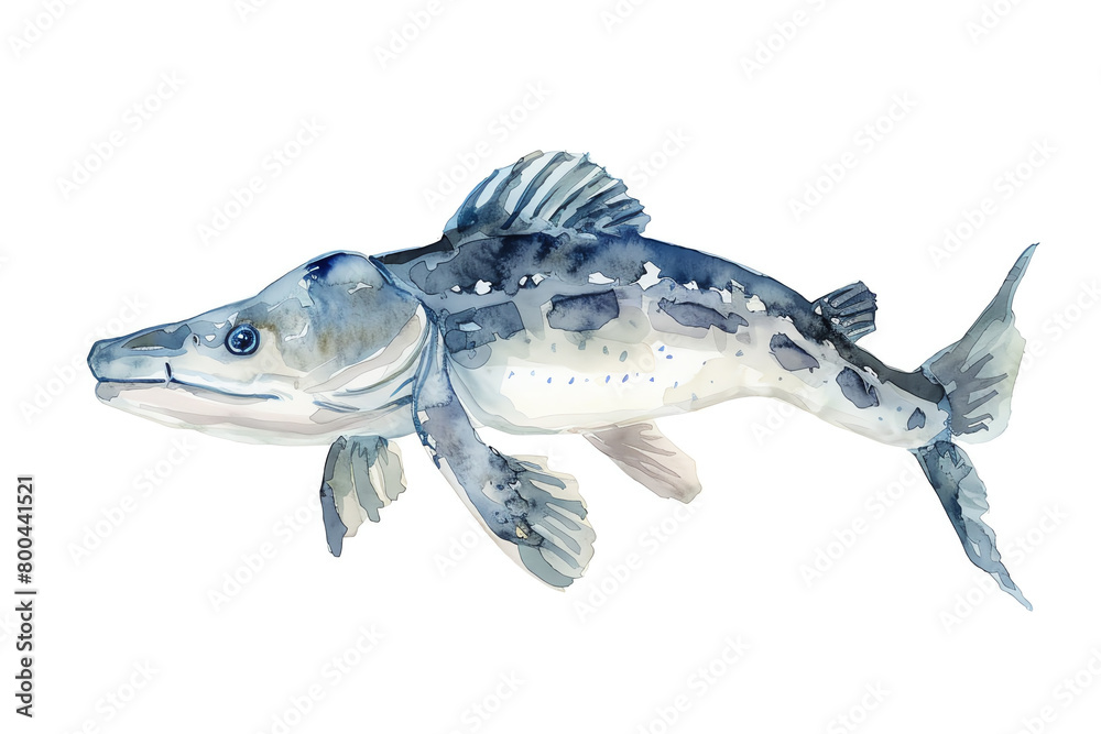 Fototapeta premium Minimalistic watercolor of a Sturgeon on a white background, cute and comical.