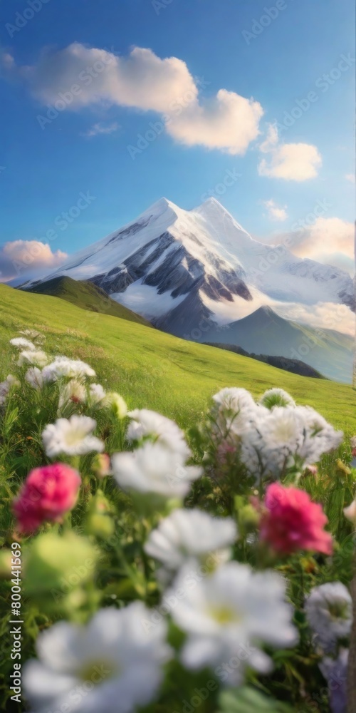 Panoramic view of mountains and meadow with flowers at sunset Panoramic view of mountains and meadow with flowers at sunset