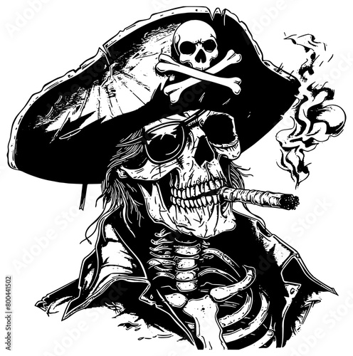 Pirate skeleton smoking a cigarette and wearing sunglasses illustration in black, isolated 