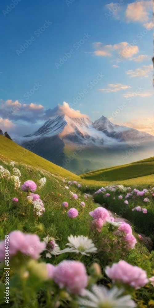 Panoramic view of mountains and meadow with flowers at sunset Panoramic view of mountains and meadow with flowers at sunset