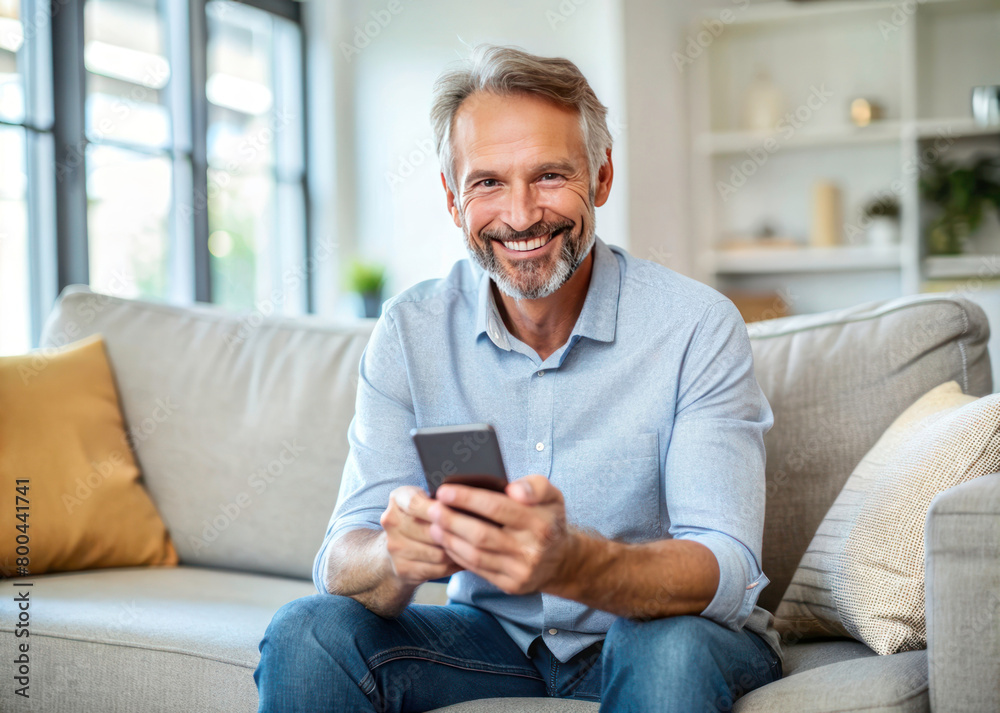 Middle-aged Man Grinning while Using Smartphone at Home Middle-aged Man Grinning while Using Smartphone at Home