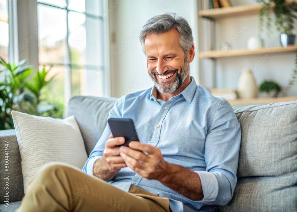 Middle-aged Man Grinning while Using Smartphone at Home Middle-aged Man Grinning while Using Smartphone at Home