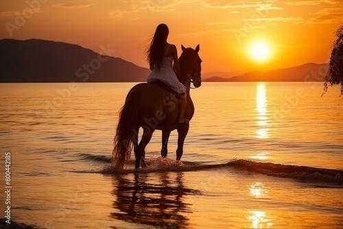 As the sun sets on the horizon, a young woman rides her horse along the beach, creating an idyllic scene of pure bliss and relaxation as the tranquil waters glisten under the golden glow.
