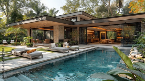 Wallpaper Mural Family revels in a garden party at a contemporary retreat with aquatic touches, light furniture, and soothing ambiance.  Torontodigital.ca