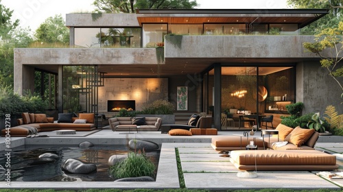 Garden party in a modern setting with refreshing furniture, indirect lighting, and hints of minimalist icy design.  photo