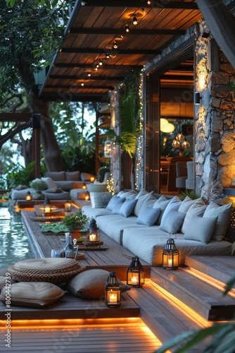 Garden party in a modern setting with refreshing furniture  indirect lighting  and hints of minimalist icy design. 