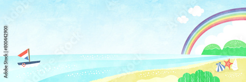 のんびりした夏の海の風景 虹のかかるビーチの水彩バナー背景