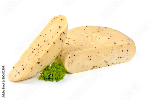 iece of fresh Cheese with Cumin Seeds, close-up, isolated on white background