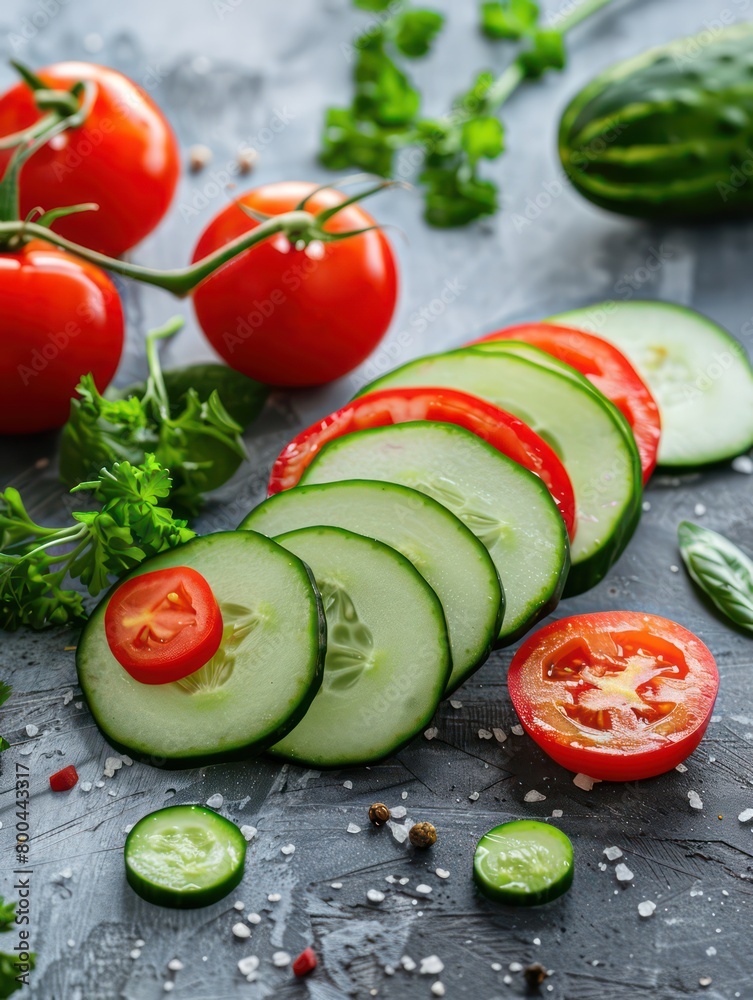 vegetable poster background with sliced cucumbers and tomatoes 
