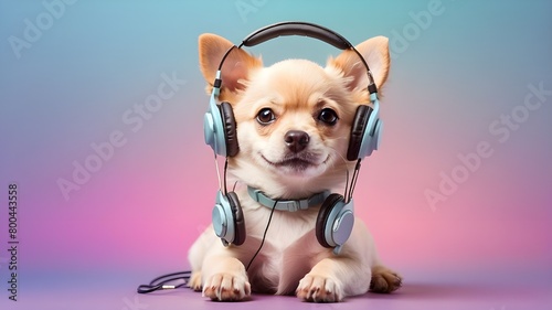 funny Cute tiny dog with soft pastel tones with headphones on his ears. The dog adores music. cake background,  Dog Cute Tiny Soft Pastel Tones Headphones Music Adores Cake Background Pet Canine Pup