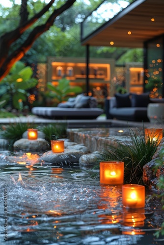 Summer garden celebration at a contemporary retreat with aquatic themes  light furniture  and natural  soothing lighting. 