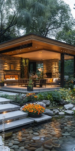 Summer garden festivity at a modern retreat with light materials, indirect lighting, and hints of minimalist icy design