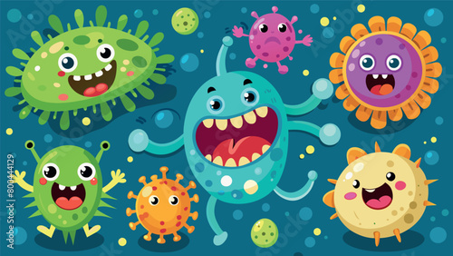 Bacteria  microbes  germs  viruses  cartoon characters in various positions and attitudes-