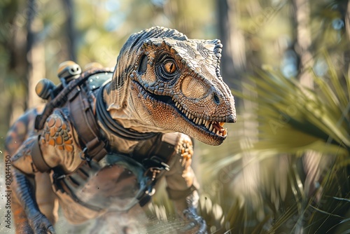 Witness the awe-inspiring sight of a Velociraptor adorned in customized armor, showcasing its intelligence as it navigates the dense foliage of a primeval forest, a scene blending prehistoric power  © Roberto