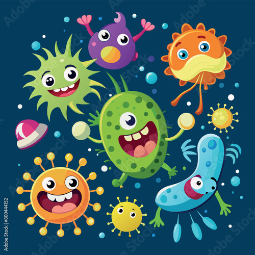 Bacteria, microbes, germs, viruses, cartoon characters in various positions and attitudes-