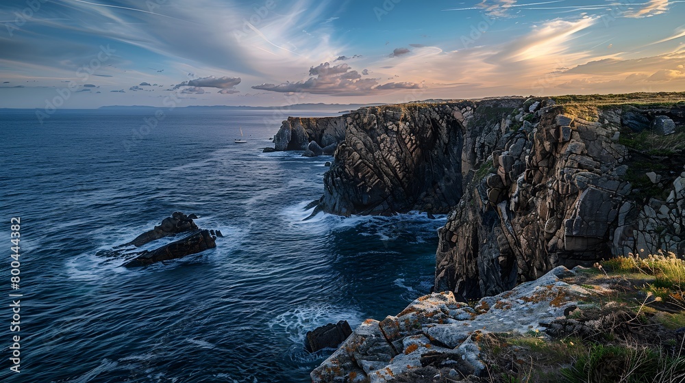 Rugged cliffs at sunset where sea meets sky