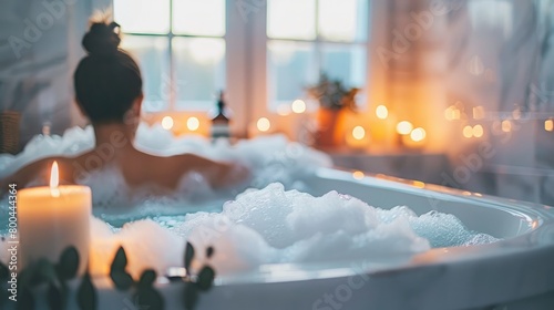 Woman relaxing bath filled with aromatic bubbles or essential oils, surrounded by candles, self-care concept