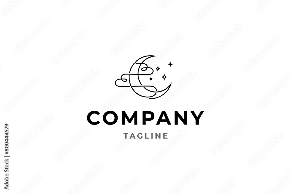 abstract line art logo design of crescent moon with combination of clouds and stars abstract line art logo design of crescent moon with combination of clouds and stars
