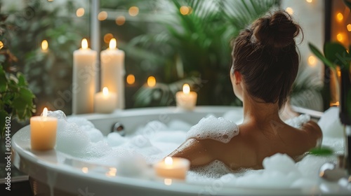 Woman relaxing bath filled with aromatic bubbles or essential oils, surrounded by candles, self-care concept