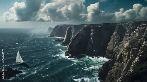 Sailboat navigating rough seas by towering cliffs