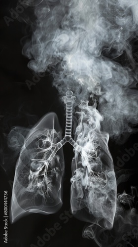 X-ray style illustration of human lungs and trachea enveloped in smoke